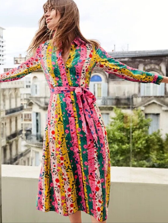 Boden Dresses & Skirts - BODEN Orella 100% Silk Belted Shirt Dress - Bright Camelia Garden Charm
